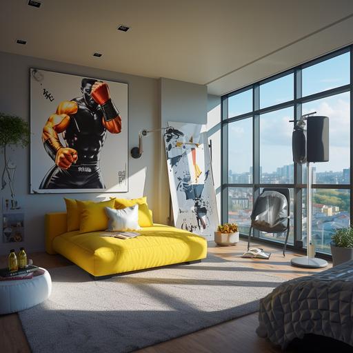 A wide shot of the interior of a modern duplex studio apartment in a middle-class area, with a punching bag in the living room and yellow boxing gloves strewn on the floor, a large painting with the silhouette of A BOXER FIGHTER. Located on the 7th floor with a large window showcasing a cityscape reminiscent of CDMX. In the style of Christopher Nolan, featuring a dark and cinematic design, captured in 4K resolution.