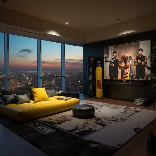 A wide shot of the interior of a modern duplex studio apartment in a middle-class area, with a punching bag in the living room and yellow boxing gloves strewn on the floor, a large painting with the silhouette of a boxer. Located on the 7th floor with a large window showcasing a cityscape reminiscent of CDMX. In the style of Christopher Nolan, featuring a dark and cinematic design, captured in 4K resolution.