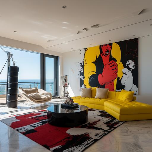 A wide shot of the interior of a modern duplex studio apartment in a middle-class area, with a punching bag in the living room and yellow boxing gloves strewn on the floor, a large painting with the silhouette of the boxer JULIO CESAR CHAVEZ. Located on the 7th floor with a large window showcasing a cityscape reminiscent of CDMX. In the style of Christopher Nolan, featuring a dark and cinematic design, captured in 4K resolution.