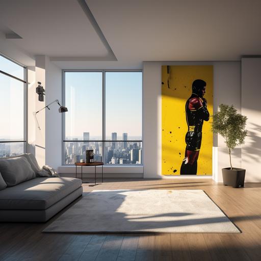 A wide shot of the interior of a modern duplex studio apartment in a middle-class area, with a punching bag in the living room and yellow boxing gloves strewn on the floor, a large painting with the silhouette of A BOXER FIGHTER. Located on the 7th floor with a large window showcasing a cityscape reminiscent of CDMX. In the style of Christopher Nolan, featuring a dark and cinematic design, captured in 4K resolution.