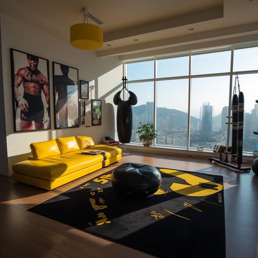 A wide shot of the interior of a modern duplex studio apartment in a middle-class area, with a punching bag in the living room and yellow boxing gloves strewn on the floor, a large painting with the silhouette of a boxer. Located on the 7th floor with a large window showcasing a cityscape reminiscent of CDMX. In the style of Christopher Nolan, featuring a dark and cinematic design, captured in 4K resolution.