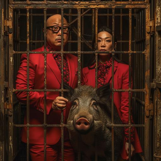 A wild boar, a bald Asian man in his 40s wearing a red suit and horn-rimmed glasses, and an Asian woman in her 40s in a red suit are locked inside an iron cage. real photo