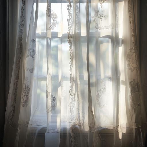 A window with almost transparent white cotton curtains with fine white embroidery on the edges. The curtains are drawn, and outside the bright sun shines, illuminating the room even though the curtains are drawn. The curtains flutter slightly. 16:9 raw
