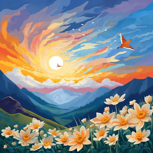 A wishes card picturing flowers, mountains and sun with a caption running across the sky 
