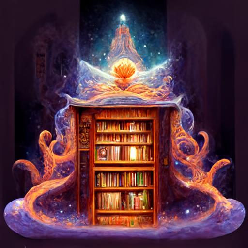 A wizard academy with extradimensional book storage High Definition. Orange Wizard academy. Magical dormatory of knowledge. Mystical library of ancient book-keeping. Fantasy characters reading magical books