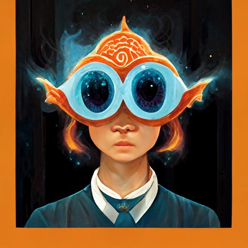 A wizard academy with extradimensional book storage High Definition goggles. Orange Wizard academy. Magical dormatory of knowledge. Mystical library of ancient book-keeping. Fantasy characters reading magical books