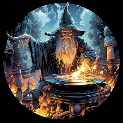 A wizard holding a music CD over a cauldron, background is a dungeon, fantasy themed, 1980’s art style, classic cartoon style, wizard holding compact disc over a cauldron