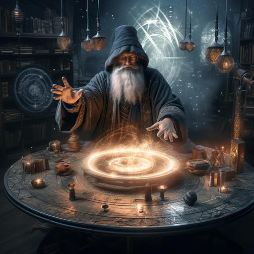 A wizard standing in front of a round table, his hand on the table, magical objects in front of him, 4K HD style