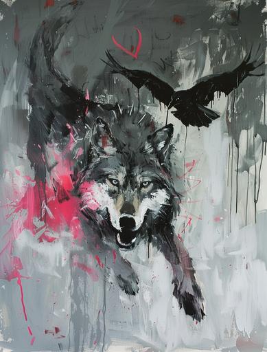 A wolf running with his mouth open and a glowing red heart-shaped line in the sky, a crow flying above him in the style of Euan Uglow, in the style of fashion illustration, an oil painting with pink highlights and splashes of color against a gray background, in the style of Anne Bachelier, in the style of Klimt. --ar 49:64