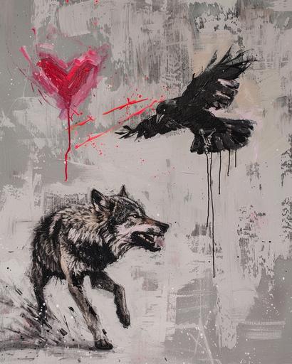 A wolf running with his mouth open and a glowing red heart-shaped line in the sky, a crow flying above him in the style of Euan Uglow, in the style of fashion illustration, an oil painting with pink highlights and splashes of color against a gray background, in the style of Anne Bachelier, in the style of Klimt. --ar 4:5 --v 6.0 --style raw