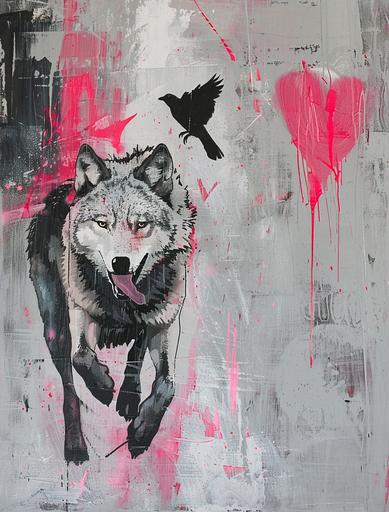 A wolf running with his mouth open and a glowing red heart-shaped line in the sky, a crow flying above him in the style of Euan Uglow, in the style of fashion illustration, an oil painting with pink highlights and splashes of color against a gray background, in the style of Anne Bachelier, in the style of Klimt. --ar 49:64