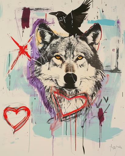 A wolf with a red heart line drawing, a crow flying above the head of the wolf, painted in the style of Michael Armitage with bold brush strokes, a light blue background, purple stars, white, light grey, and red lines. --ar 4:5 --v 6.0 --style raw