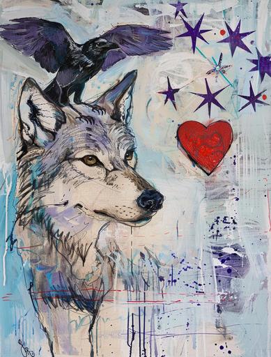A wolf with a red heart line drawing, a crow flying above the head of the wolf, painted in the style of Michael Armitage with bold brush strokes, a light blue background, purple stars, white, light grey, and red lines. --ar 49:64