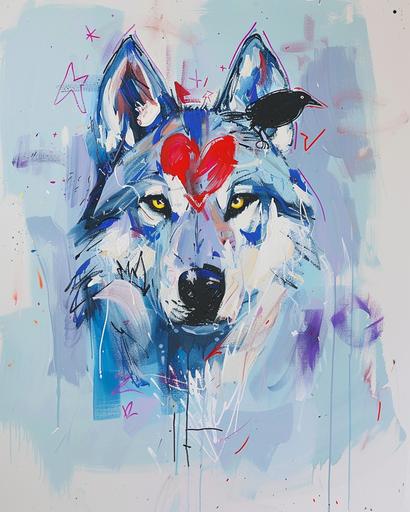 A wolf with a red heart line drawing, a crow flying above the head of the wolf, painted in the style of Michael Armitage with bold brush strokes, a light blue background, purple stars, white, light grey, and red lines. --ar 4:5 --v 6.0 --style raw