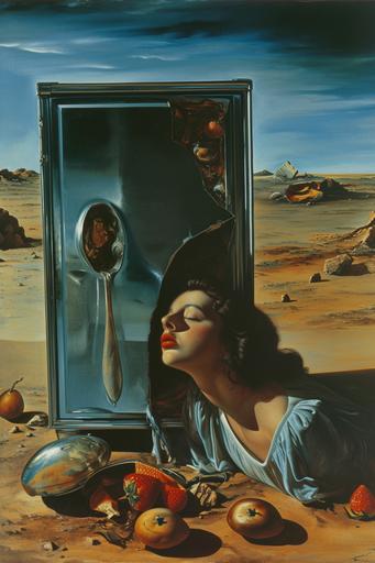 A woman in a desert is seen leaning her head inside a giant open empty fridge with nothing inside. In the background there is a giant spoon and large delicious looking fruits scattered on the ground. Surrealism. Surrealist painting by Salvador Dalí. --style raw --v 6.0 --ar 2:3