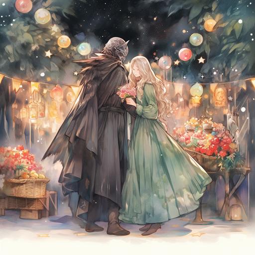 A woman in a green long dress holding seven red roses, with light green hair, shines with stars and moons in the brightly lit market. Beside him is a handsome young man wearing a crow mask, with a mathematical shot, Full Length Shot (FLS), watercolor, 8k smooth, high detail --niji 5