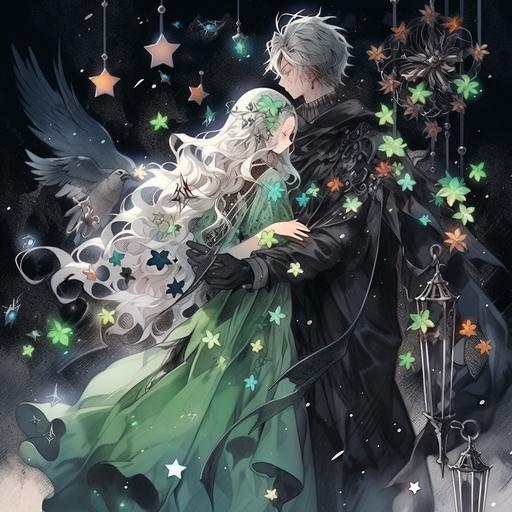 A woman in a green long dress holding seven red roses, with light green hair, shines with stars and moons in the brightly lit market. Beside him is a handsome young man wearing a crow mask, with a mathematical shot, Full Length Shot (FLS), watercolor, 8k smooth, high detail --niji 5