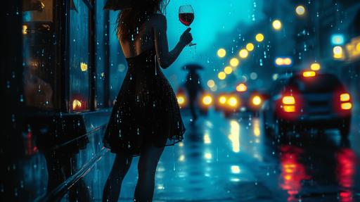 A woman in a long black dress was leaning against the window with a glass of red wine. Rain hits the glass, flashing car lights, blue and gloomy atmosphere. On a rainy night, the streets are bustling with cars passing by.Surrealism style, documentary photography, midnight blue, Night photography, Timecode, --ar 16:9 --v 6.0