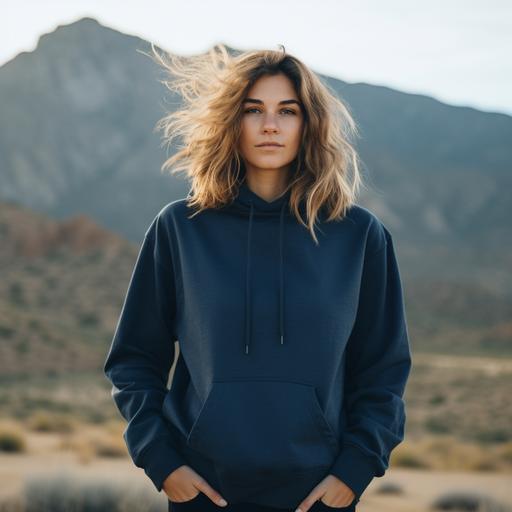 A woman in an oversized blank navy blue hoodie sweatshirt standing by the mountains, shot on a 35mm film camera --s 50 --style raw