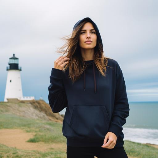 A woman in an oversized blank navy hoodie sweatshirt standing by a lighthouse, shot on a 35mm film camera --s 50 --style raw