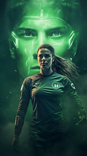 A woman is facing a man, the goalkeeper, both wearing the green football jersey, soccer, stadium, illustration, hd, glow, cinematic, --ar 9:16
