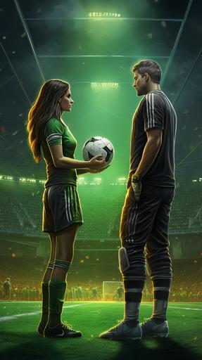 A woman is facing a man, the goalkeeper, both wearing the green football jersey, soccer, stadium, illustration, hd, glow, cinematic, --ar 9:16