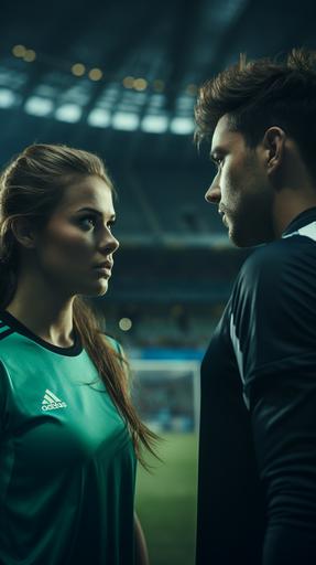 A woman is facing a man, the goalkeeper, both wearing the green soccer jersey, soccer, stadium, hd, beautiful, cinematic, --ar 9:16