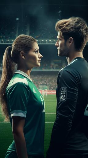A woman is facing a man, the goalkeeper, both wearing the green soccer jersey, soccer, stadium, hd, beautiful, cinematic, --ar 9:16