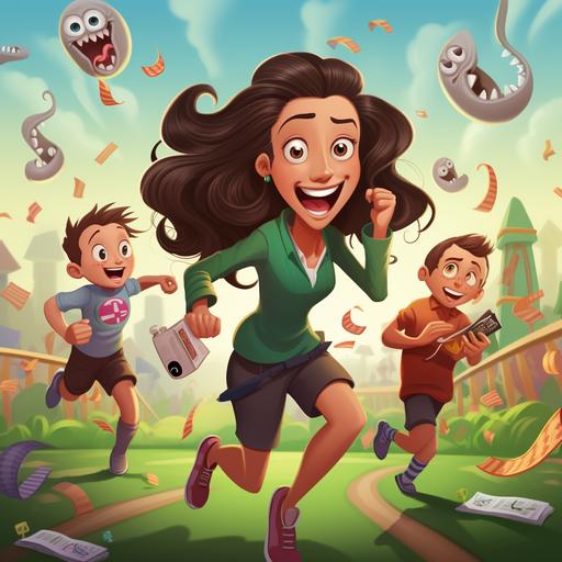 A woman is running on a soccerfield, surrounded by two boys. The woman has long, dark hair. The woman has no arms. In stead she has six tentacles holding a bag of money, phone, shopping bag, pen and ball. Make it a Pixar style illustration, cheerful and happy.