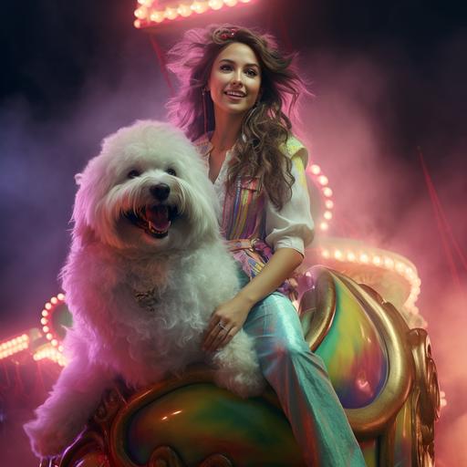 A woman riding on top of the dog like in the movie 'The NeverEnding Story' with a neon carnival aesthetic