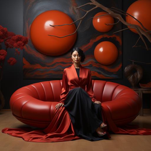 A woman sit on a dark brown couch on a floor in an empty room in front of an art piece, in the style of dark azure and red, cinquecento, , metallic, leather/hide, flamboyant, rounded --s 750 --v 5.2