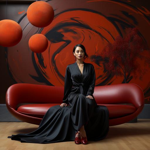 A woman sit on a dark brown couch on a floor in an empty room in front of an art piece, in the style of dark azure and red, cinquecento, , metallic, leather/hide, flamboyant, rounded --s 750 --v 5.2