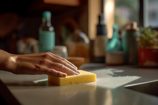 A woman wipes down a kitchen countertop with a sponge and some dish washing detergent.shutter speed 1/600s sharp focus realistic --ar 3:2 --quality 2 --v 5.1