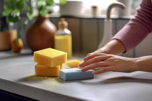A woman wipes down a kitchen countertop with a sponge and some dish washing detergent --ar 3:2 --quality 2