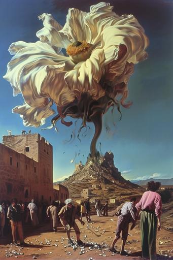 A woman with a beautiful flower for a head posing in an adobe town. Some pedals from the flower are wilting and falling to the ground. In the background there are people surrounding the woman picking up flower pedals on the ground. Surrealist painting by Salvador Dalí. --style raw --v 6.0 --ar 2:3