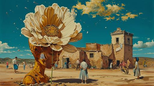 A woman with a beautiful flower for a head posing in an adobe town. Some pedals from the flower are wilting and falling to the ground. In the background there are people surrounding the woman picking up flower pedals on the ground. Surrealist painting by Salvador Dalí. --style raw --v 6.0 --ar 16:9