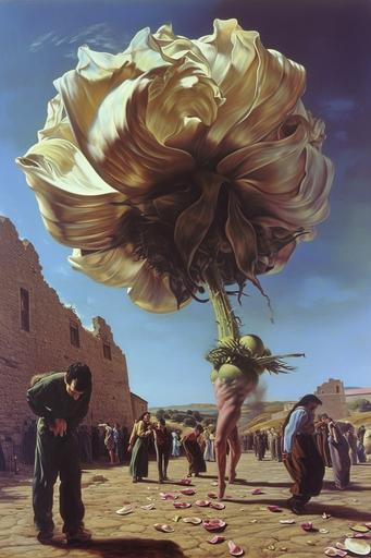 A woman with a beautiful flower for a head posing in an adobe town. Some pedals from the flower are wilting and falling to the ground. In the background there are people surrounding the woman picking up flower pedals on the ground. Surrealist painting by Salvador Dalí. --style raw --v 6.0 --ar 2:3