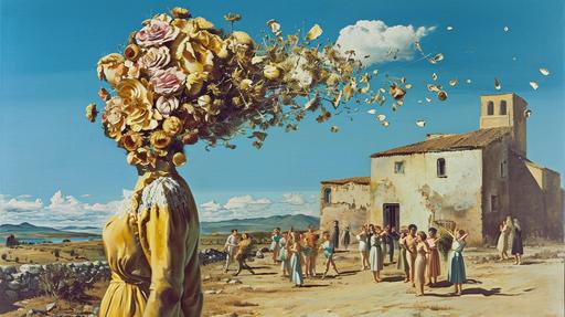 A woman with a beautiful flower for a head posing in an adobe town. Some pedals from the flower are wilting and falling to the ground. In the background there are people surrounding the woman picking up flower pedals on the ground. Surrealist painting by Salvador Dalí. --style raw --v 6.0 --ar 16:9