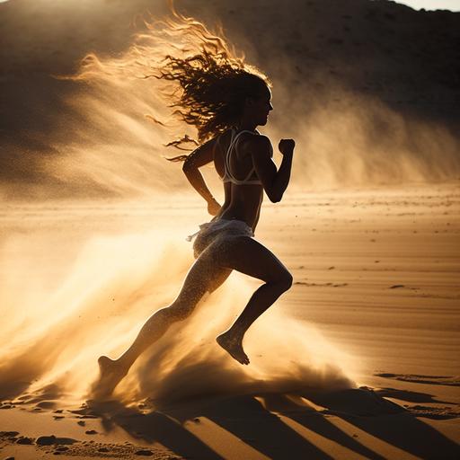 A woman with a toned and muscular physique sprints across the sandy beach, her feet sinking into the soft grains with each step. The wind whips through her hair as she moves with graceful, powerful strides, her muscles flexing and contracting in perfect synchronization. As she runs, the sun beats down on her, casting a golden glow over her glistening skin. With every breath, she feels becoming stronger, more resilient, more alive. In this moment, nothing else matters except for the rush of endorphins that course through her veins and the joy of pushing herself to her limits, 4k ultra realistic