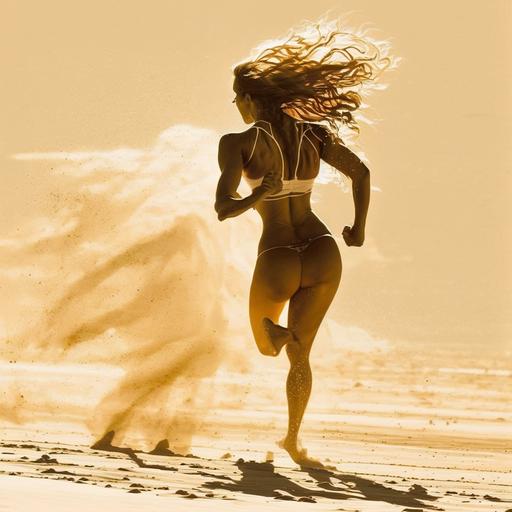 A woman with a toned and muscular physique sprints across the sandy beach, her feet sinking into the soft grains with each step. The wind whips through her hair as she moves with graceful, powerful strides, her muscles flexing and contracting in perfect synchronization. As she runs, the sun beats down on her, casting a golden glow over her glistening skin. With every breath, she feels becoming stronger, more resilient, more alive. In this moment, nothing else matters except for the rush of endorphins that course through her veins and the joy of pushing herself to her limits, 4k ultra realistic