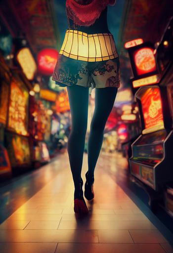 A woman with long beautiful legs in mini hot pants walking through a majestic arcade, epic store signs, grand tiled streets, gorgeously glowing lanterns, photo composition like a movie ad, photorealistic —ar 2:3 --test --creative --upbeta
