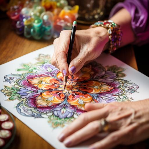 A woman's hands are coloring a flower mandala coloring book