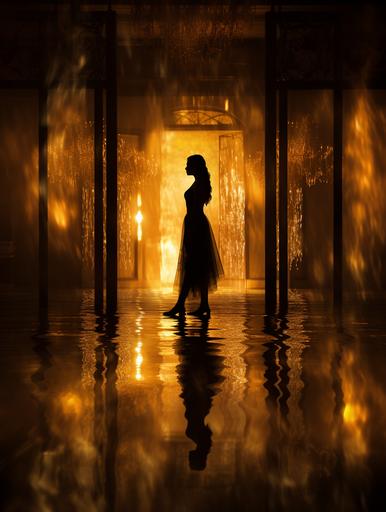 A women standing in a hall of mirrors, reflection, light, photo in the style of Josh Adamski --ar 6:8 --s 123 --chaos 17 --uplight