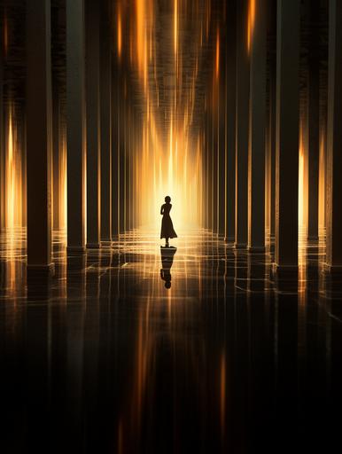 A women standing in a hall of mirrors, reflection, light, photo in the style of Josh Adamski --ar 6:8 --s 123 --chaos 17 --uplight