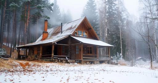 A wooden cabin in the forest, surrounded by snow and fog, covered with rusted metal roof, roof covered with light brown tarp roofs, two story building, rustic architecture, front view, wide angle shot, rule of thirds composition, professional photography, natural lighting, cloudy sky, pine trees, snow on ground, vintage filter --ar 128:67 --s 50 --v 6.0