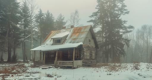 A wooden cabin in the forest, surrounded by snow and fog, covered with rusted metal roof, roof covered with light brown tarp roofs, two story building, rustic architecture, front view, wide angle shot, rule of thirds composition, professional photography, natural lighting, cloudy sky, pine trees, snow on ground, vintage filter --ar 128:67 --s 50 --v 6.0