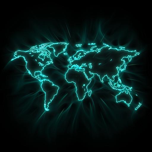A world map with a turquoise glow outline on a black background A world map with a turquoise glow outline on a black background A world map with a turquoise glow outline on a black background