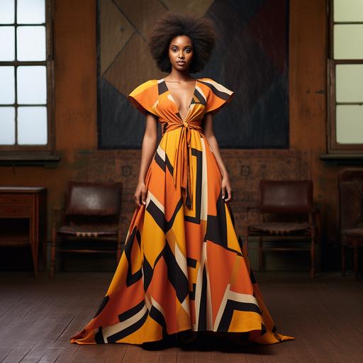 A wrap dress with a dramatic cape sleeve in a bold kente cloth print, made from organic cotton
