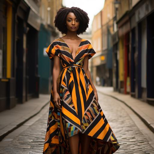 A wrap dress with a dramatic cape sleeve in a bold kente cloth print, made from organic cotton