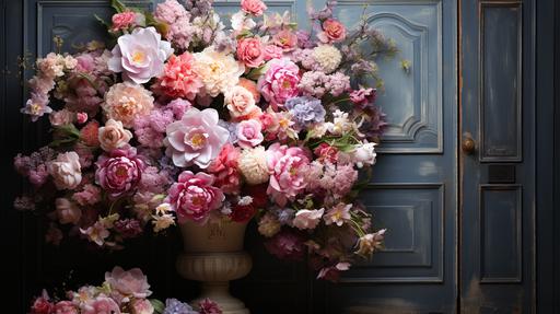 A wreath of soft pastel flowers including roses, peonies, and hydrangeas hanging on an old wooden door --ar 16:9 --uplight --s 750